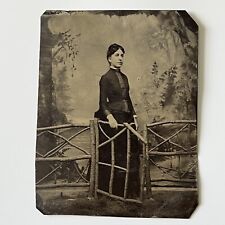 Antique 1/2 Plate Tintype Photograph Beautiful Young Thoughtful Woman Fence picture