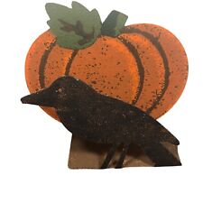 Vintage Hallmark Primitive Painted Metal Crow Pumpkin Napkin Holder Autumn picture