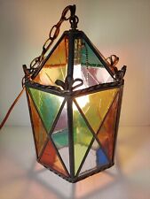 Vintage Stained Glass Multicolor Arts Crafts Hanging Light Lantern w Metal Chain picture