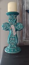 Vintage Stonebriar Turquoise Ceramic Cross Candle Holder picture