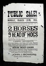 1918 antique PUBLIC FARM SALE BROADSIDE kasiesville pa BOWERS animal household picture