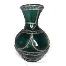 Vintage Moroccan Green Ceramic Vase with Metal Hand Work Red Clay picture