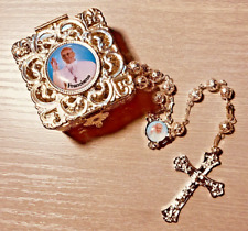 Vintage Rosary Franciscus PP Filigree Metal Hinged Box and Rosary, Color Photos picture