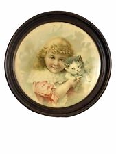 Round Antique Wooden Framed Portrait Blonde Girl Kitten 15
