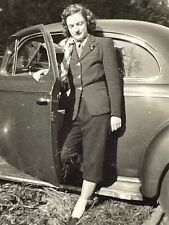 AYA Photograph 1949 Pretty Woman Poses With Old Car Door Looks Away  picture