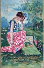 DECORATION DAY-At Grave In Red, White And Blue Decoration Day Greetings Postcard picture