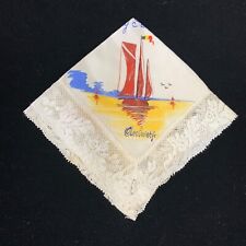 Vintage Antwerp Handkerchief To My Sweetheart WWII Rayon Lace Painted Sailboat picture