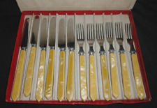 NOS Antique Celluloid Yellow Marble Handle Flatware ~ 12 pc Stainless in Box picture