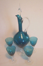 Vintage Teal Murano Glass Decanter With Clear Stopper and Four Wine Glasses MCM picture