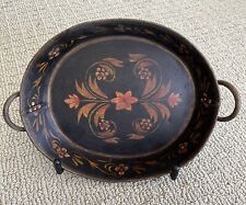 Vintage Old Toleware Metal Tray Oval Hand Painted Folk Art Primitive w/ Handles picture