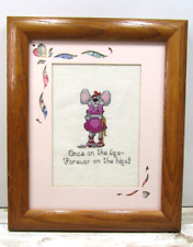 Vintage Picture in Frames colorful Cross Stitch Mouse Girl good cond. picture