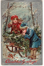 ANTIQUE CHRISTMAS Postcard  (RAPHAEL TUCK)   CHILDREN, WINDY DAY, BLOWING SNOW picture