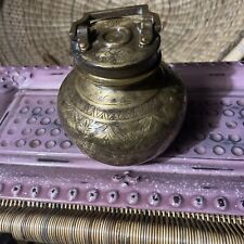 Brass Water Jar With Lid Handle Engraved Antique  9” Heavy picture