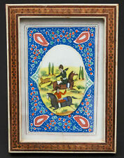 Persian Miniature Painting Horseback Deer Hunting Scene With Khatam Frame picture