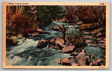 Vintage Postcard ME Maine Fishing Stream Fisherman Rapids Linen -13009 picture