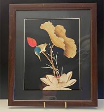 Vintage Asian Bamboo Straw Art Bird Blossom Branch Wood Framed 13”H X 11” picture