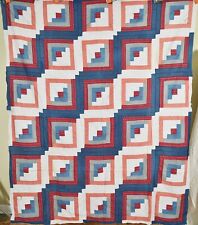 Vintage 1880's Straight Furrows Log Cabin Antique Quilt Top ~Blue Zigzags picture