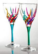 VENETIAN CARNEVALE WINE GLASSES - SET OF TWO - TURQUOISE AND GREEN STEMS picture