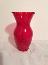 Vintage Ruby Red Glass Vase Ruffled Rim 7