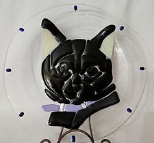 Rare Peggy Karr Art Fused Glass Plate Black Cat with Purple Collar 10