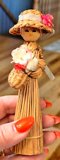 Sweet Vintage Pine Needle Doll Handmade 5.5’’ Lady Basket Flowers Ribbon picture