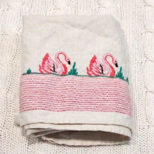 Vintage Pink Swans Embroidered Linen Dishcloth Towel picture