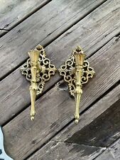 Vintage Pair Solid Metal Wall Sconce Taper Candle Holders Gold Hollywood Regency picture