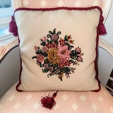 Vintage Beaded Cross Stiched Pillow Floral Burgundy Trim W/T Tassels 15