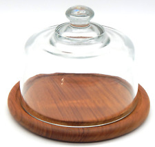 Vintage Genuine Teak Wood Cheese Board Tray W/Glass Dome Cloche Lid by Dolphin picture