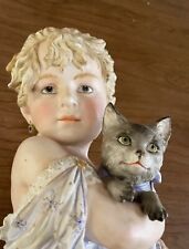 German Antique Scheibe-AlBisque Porcelain Figurine Girl Bust with Kitten, 1890 picture