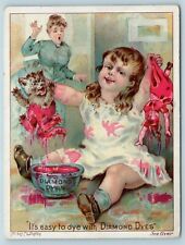 c1890 Trade Card Girl Dipping Cat & Doll in Diamond Dyes Otisfield Maine AA11 picture