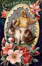 Bunny Rabbit with Chick~Egg & Flowers~Antique Embossed Easter Postcard~h144 picture