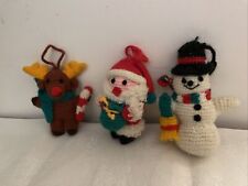 3 Vintage Yarn Knit handmade ornaments Santa Claus Reindeer Snowman Hanging picture