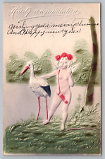 Postcard Hearty Congratulations Birth Stork Cupid Embossed Airbrush picture