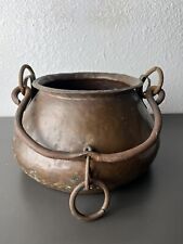Antique Rustic Primitive Vintage Copper Pot Cauldron Thick Heavy Iron Handle 10” picture