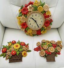 Vintage 1975 Syroco USA Floral Wall Clock (works) & Plaques Ensemble 3pc Set-ZZ picture