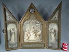 Antique Large Wood Hand Painted Religious Triptych Altarpiece Icon 19th C. picture