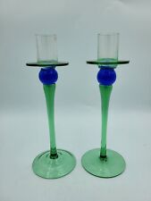 Holmegaard Danish Art Glass Blue green Candlestick Holders Pair  picture