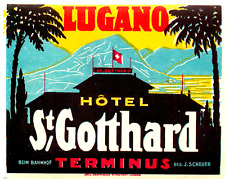 Hotel St Gotthard ~LUGANO - SWITZERLAND~ Beautiful / Vibrant Luggage Label, 1935 picture