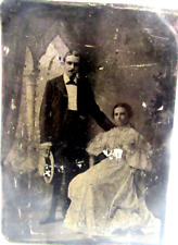 Antique Tin Type Photo Well Dressed Couple Straw Hat 5