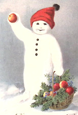 c1930s DUTCH New Year Postcard Snowman Carries Pine Trimmed Basket of Apples picture