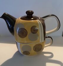 Vintage Hues N Brews Retro StackedTeapot Set Ceramic Brown/Creamy Yellow Tailand picture