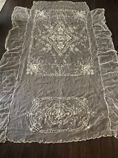 Antique Tambour Lace Tulle Net Sheer Lace Embroidered Bedspread Coverlet 98 X 72 picture
