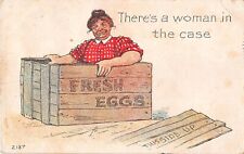 Laughing Lady in Huge Egg Crate-Old Comic Postcard-There's A Woman in The Case picture