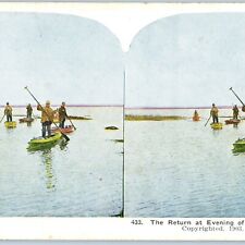 1903 Return at Evening of Duck Hunters Stand Canoe Stereoview TW Ingersoll V37 picture