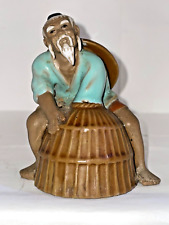 Chinese Glazed Mudman Fisherman Male Figure Statue Hand n Fish Pot 4” Pottery picture
