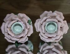 Candle Holders Pink Roses Pretty White base Pair (2) Flower Vtg SEE PHOTOS  picture