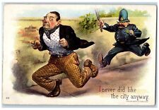 c1910's Policeman Chasing Man I Never Did Like The City Anyway Embossed Postcard picture