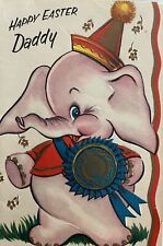 NOS Vtg Happy Easter Daddy Card Purple Baby Elephant Blue Ribbon UNUSED 50s picture
