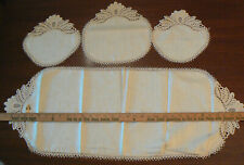TABLE RUNNER LINEN  Heavy LACE EDGING plus three (3) matching doilies VINTAGE  picture